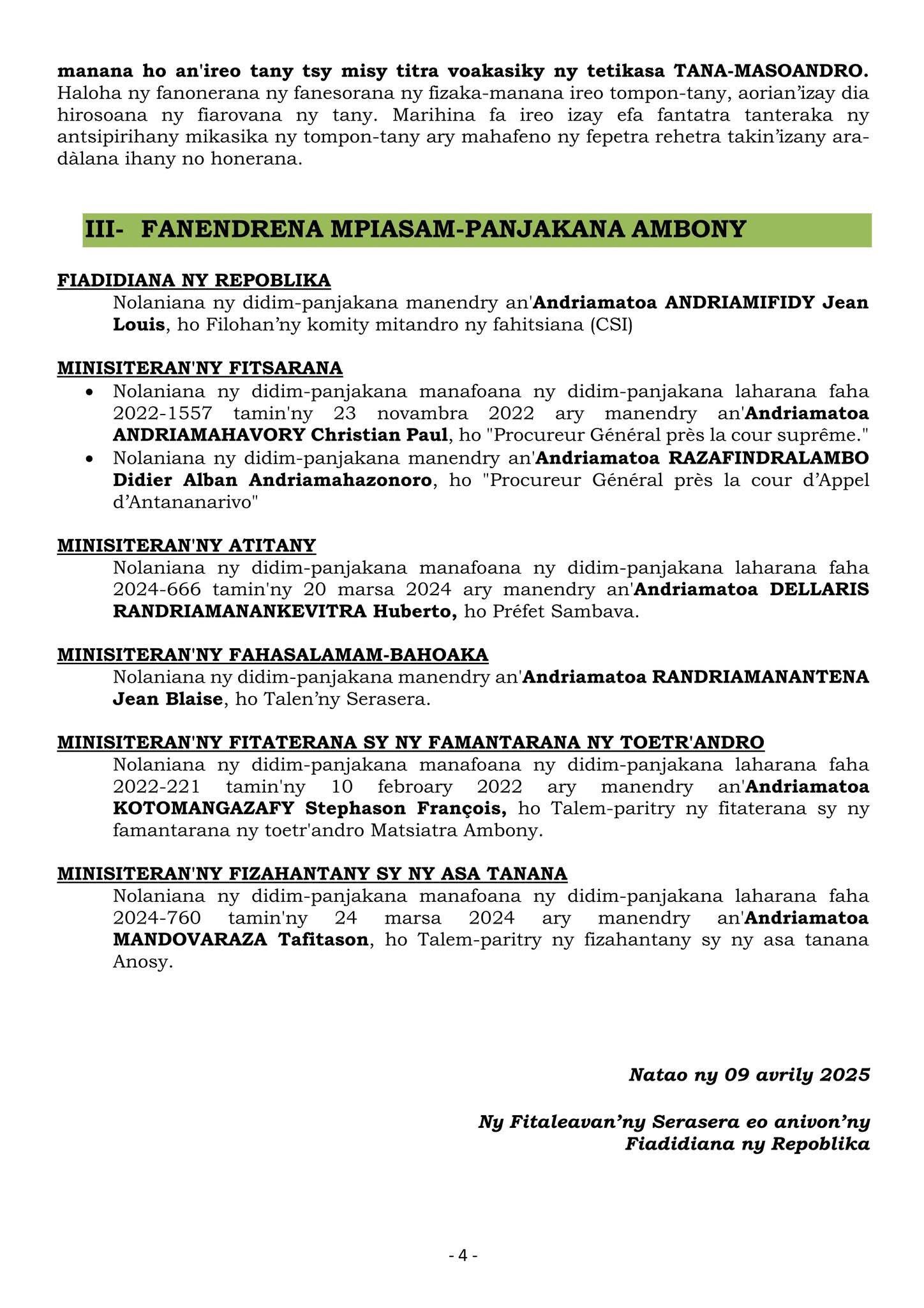 FILAN-KEVITRY NY MINISITRA Alarobia 09 avrily 2025, Lapam-panjakana Iavoloha