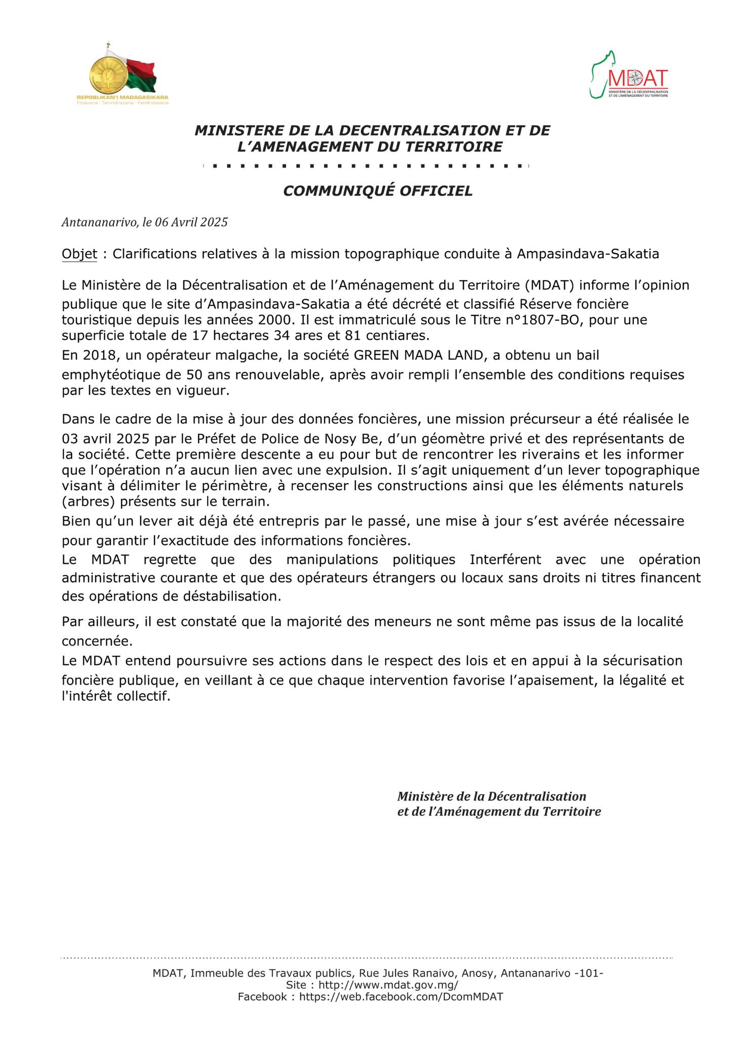 FANAMBARANA OFISIALY / COMMUNIQUE OFFICIEL