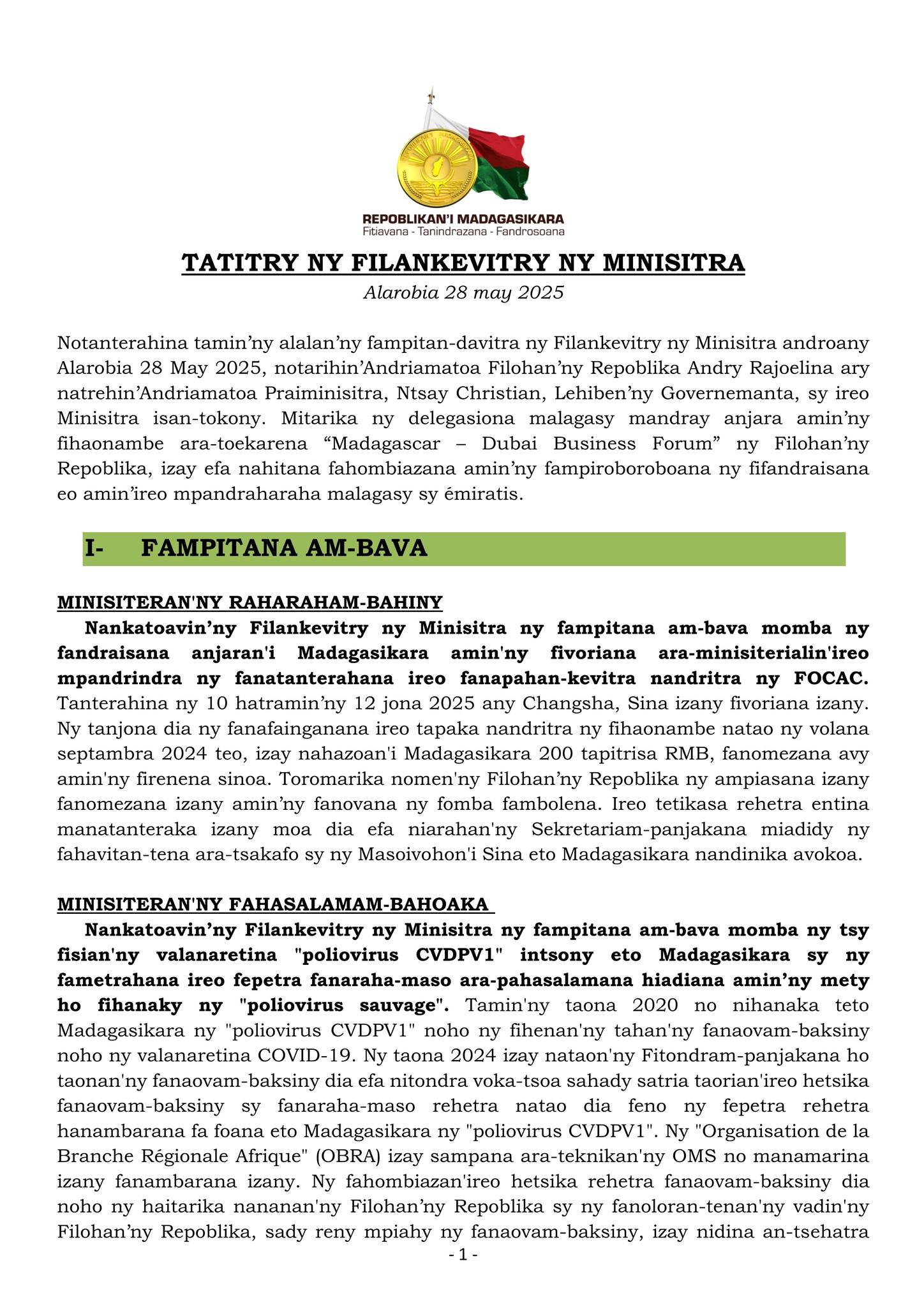 TATITRY NY FILANKEVITRY NY MINISITRA NY ALAROBIA 28 MAY 2025