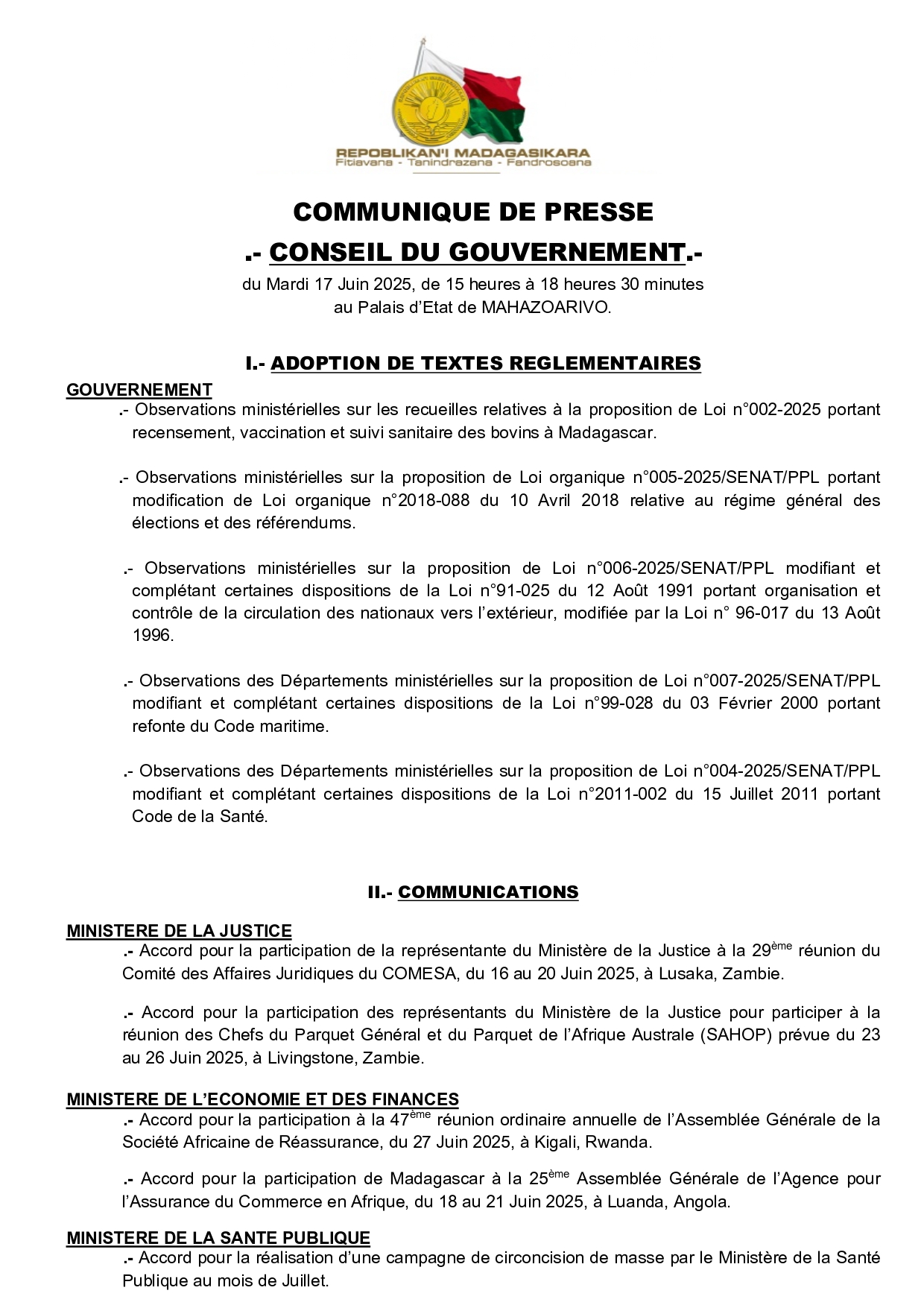 CONSEIL DU GOUVERNEMENT DU MARDI 17 JUIN 2025