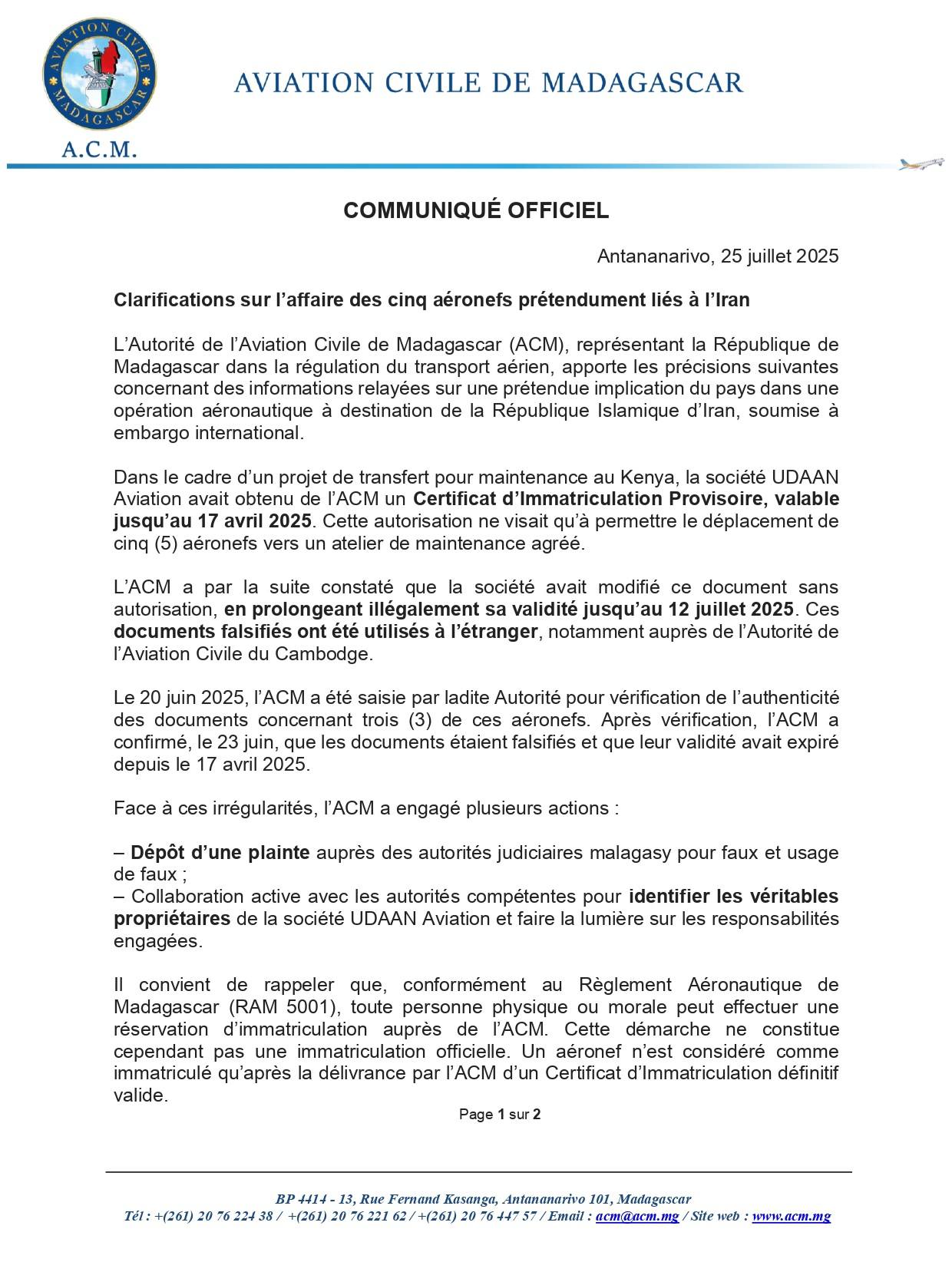COMMUNIQUÉ OFFICIEL