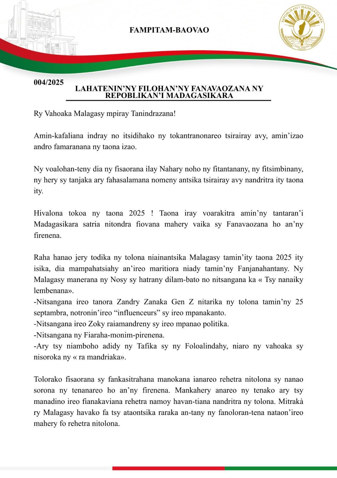 LAHATENIN'NY FILOHAN'NY FANAVAOZANA NY REPOBLIKAN’I MADAGASIKARA NY 31 Desambra 2025.