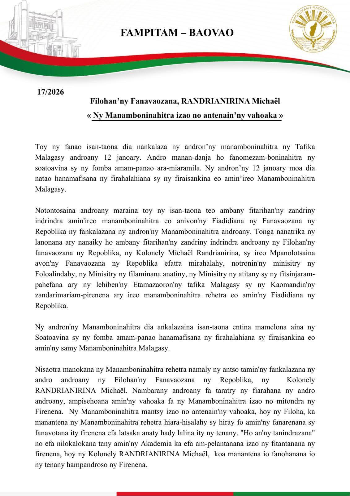 NY MANAMBONINAHITRA IZAO NO ANTENAIN' NY VAHOAKA