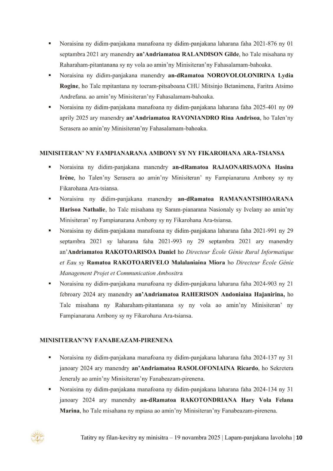 TATITRY NY FILANKEVITRY NY MINISTRA NATAO TAO AMIN'NY LAPAM-PANJAKANA IAVOLOHA NY 19 NOVAMBRA 2025