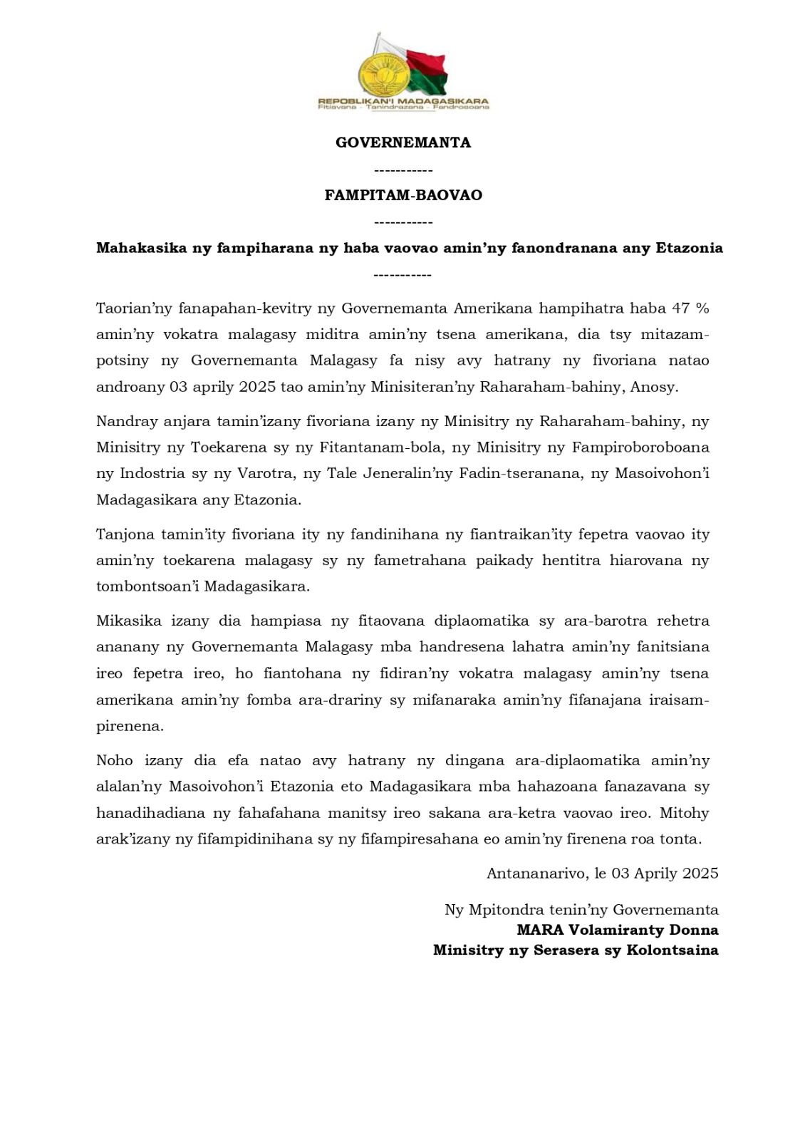 COMMUNIQUÉ sur l'annonce de nouvelles mesures douanières par les États-Unis.