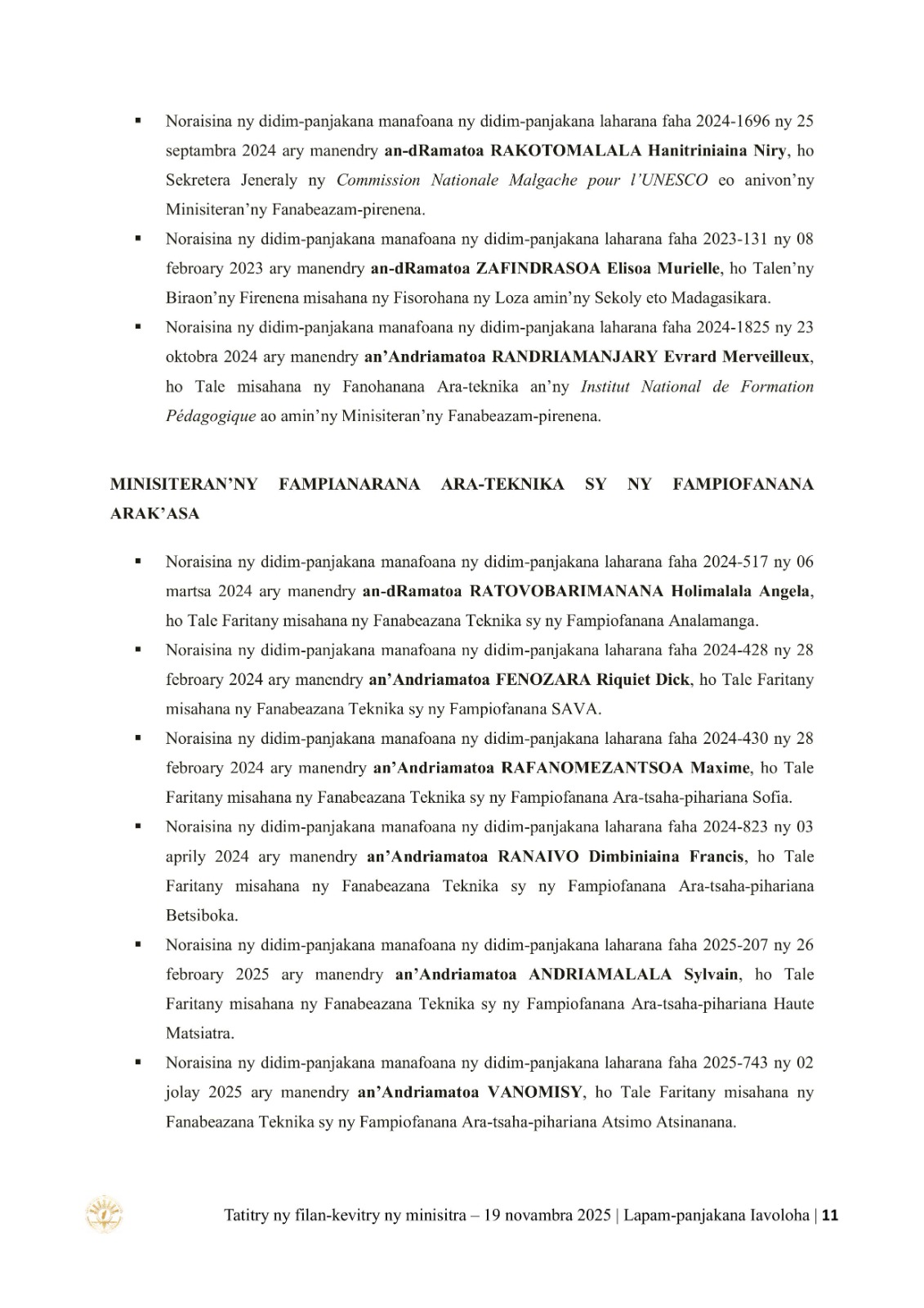 TATITRY NY FILANKEVITRY NY MINISTRA NATAO TAO AMIN'NY LAPAM-PANJAKANA IAVOLOHA NY 19 NOVAMBRA 2025