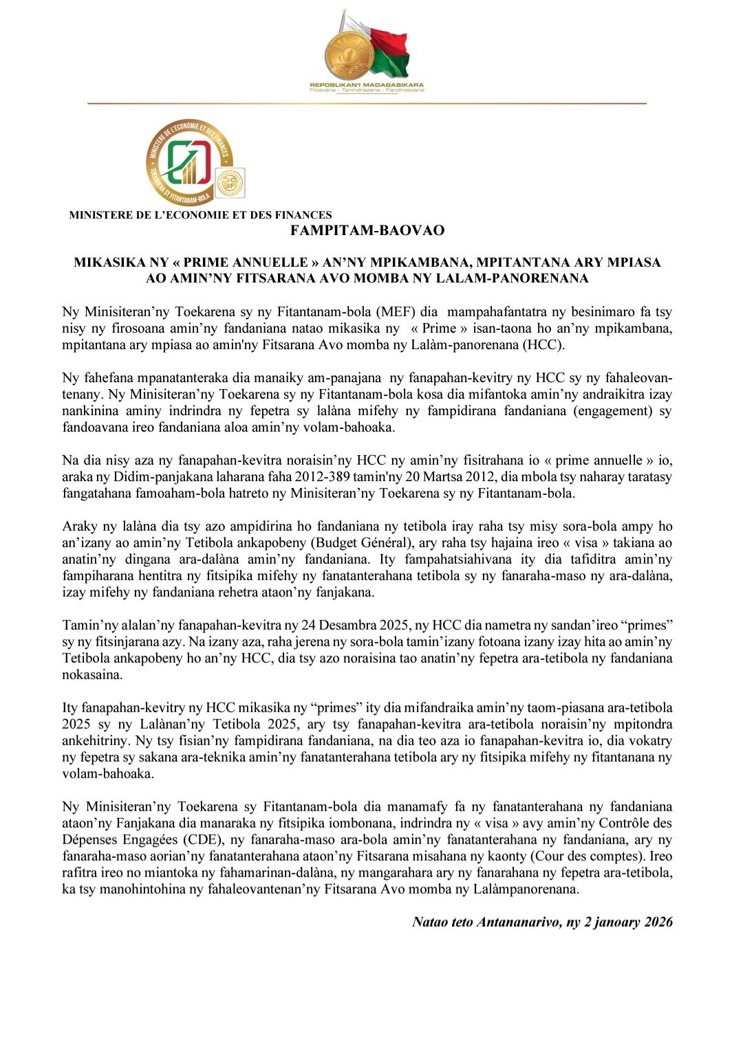 FAMPITAM-BAOVAO AVY AMIN’NY MINISITERAN’NY TOE-KARENA SY NY FITANTANAM-BOLA.