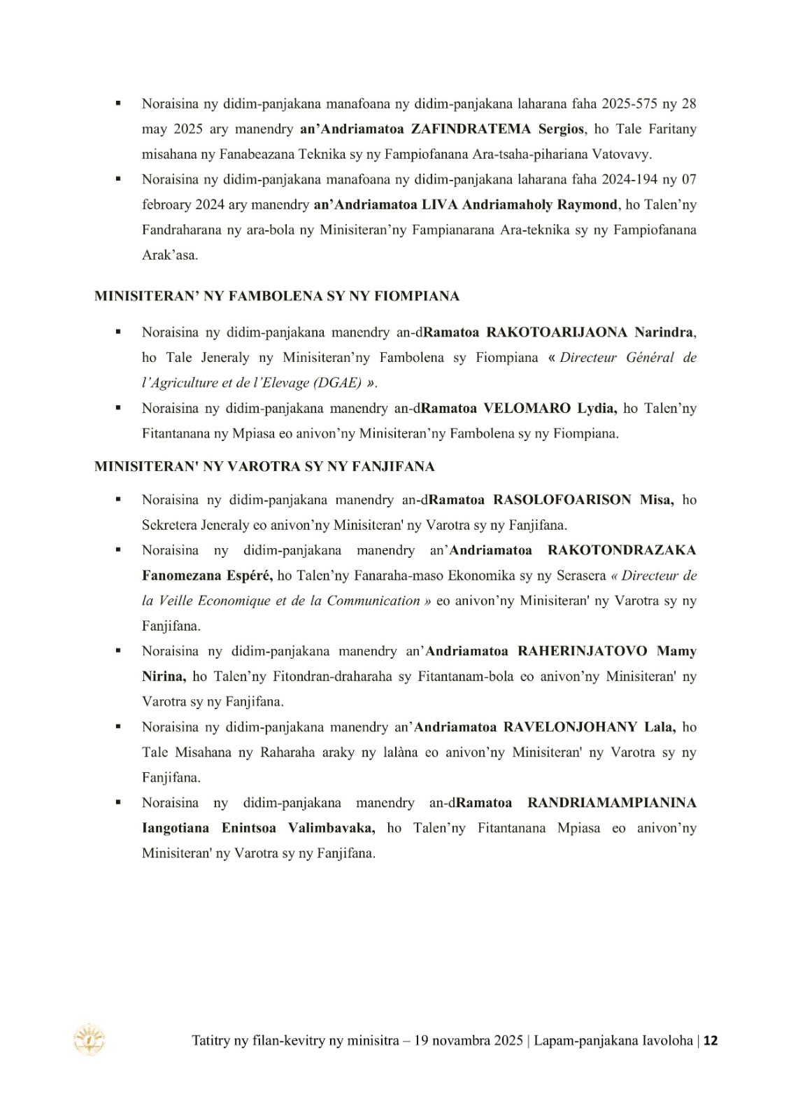 TATITRY NY FILANKEVITRY NY MINISTRA NATAO TAO AMIN'NY LAPAM-PANJAKANA IAVOLOHA NY 19 NOVAMBRA 2025