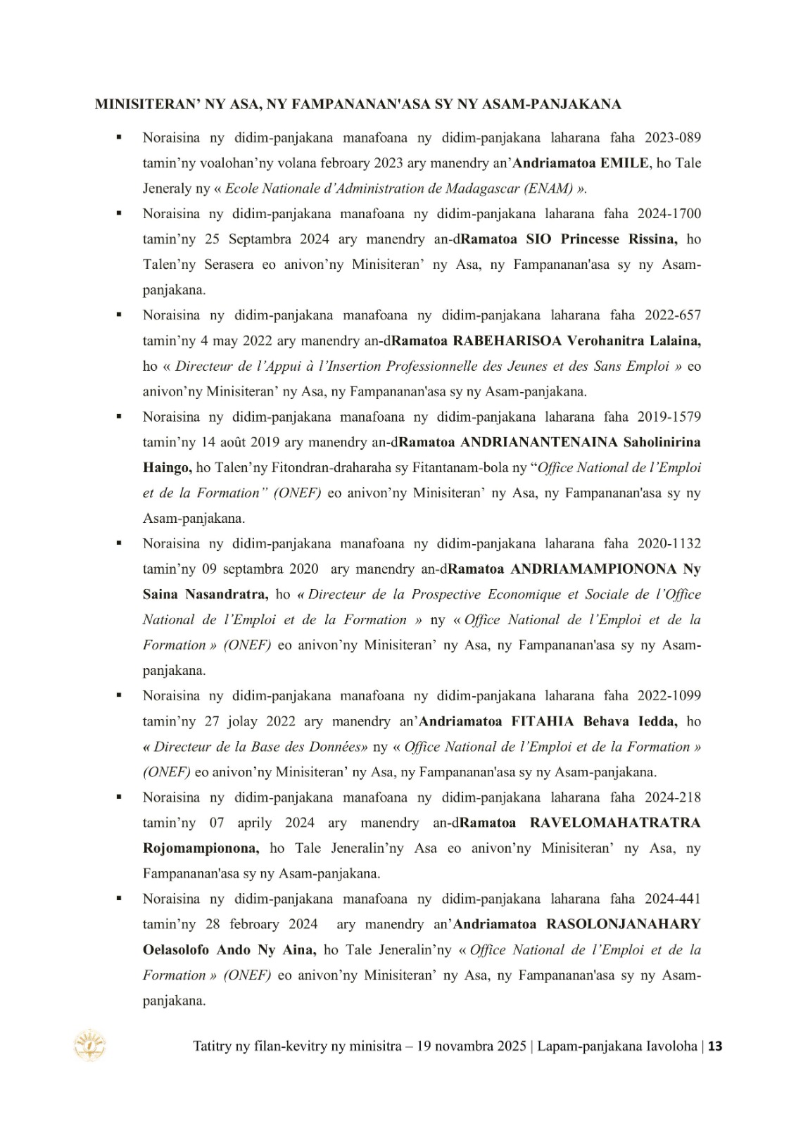 TATITRY NY FILANKEVITRY NY MINISTRA NATAO TAO AMIN'NY LAPAM-PANJAKANA IAVOLOHA NY 19 NOVAMBRA 2025