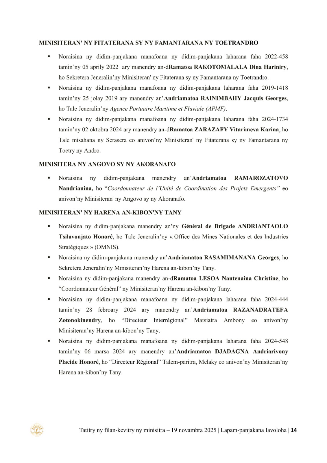 TATITRY NY FILANKEVITRY NY MINISTRA NATAO TAO AMIN'NY LAPAM-PANJAKANA IAVOLOHA NY 19 NOVAMBRA 2025