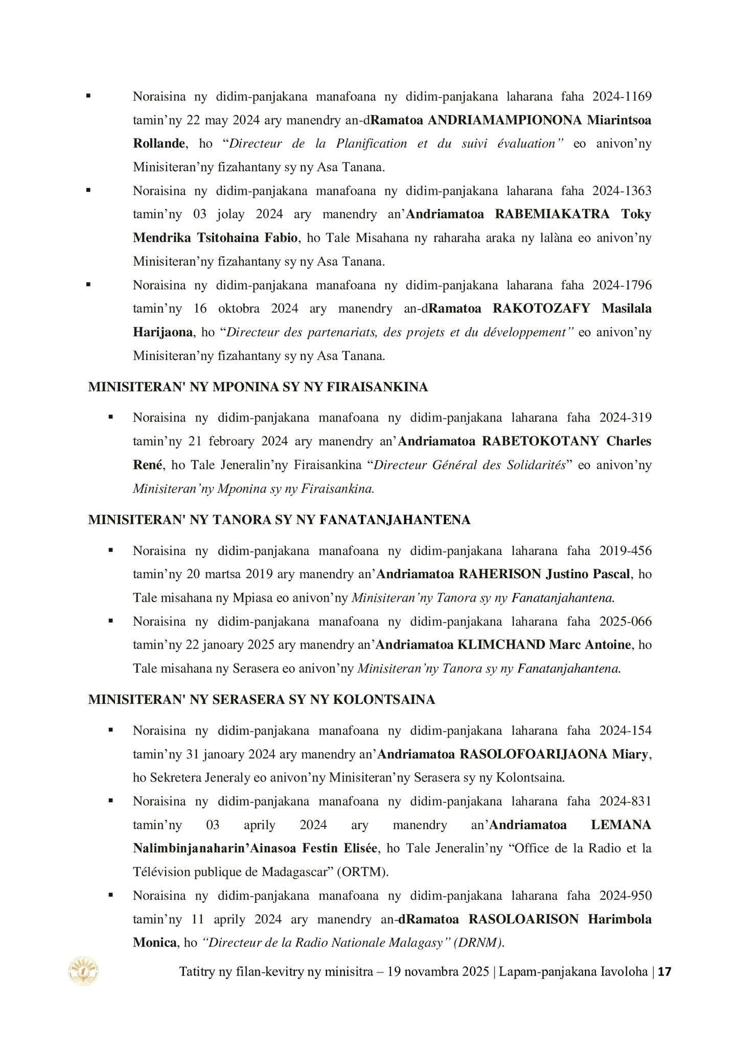 TATITRY NY FILANKEVITRY NY MINISTRA NATAO TAO AMIN'NY LAPAM-PANJAKANA IAVOLOHA NY 19 NOVAMBRA 2025