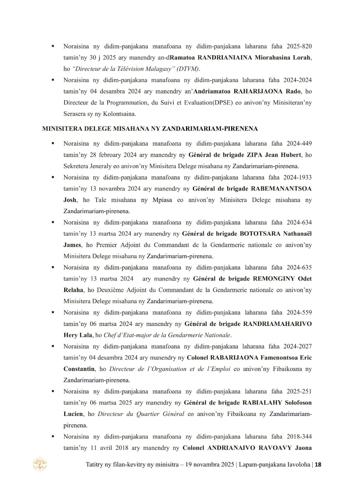 TATITRY NY FILANKEVITRY NY MINISTRA NATAO TAO AMIN'NY LAPAM-PANJAKANA IAVOLOHA NY 19 NOVAMBRA 2025