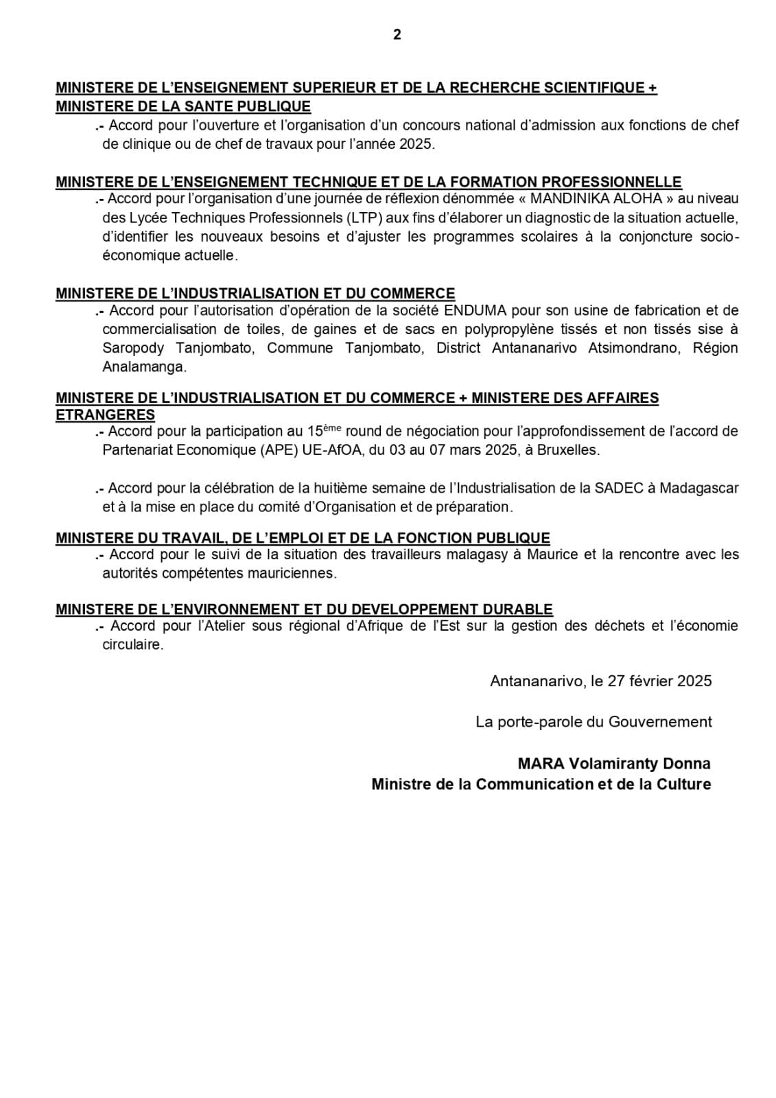 CONSEIL DU GOUVERNEMENT DU MARDI 25 FEVRIER 2025 AU PALAIS D' ETAT DE MAHAZOARIVO