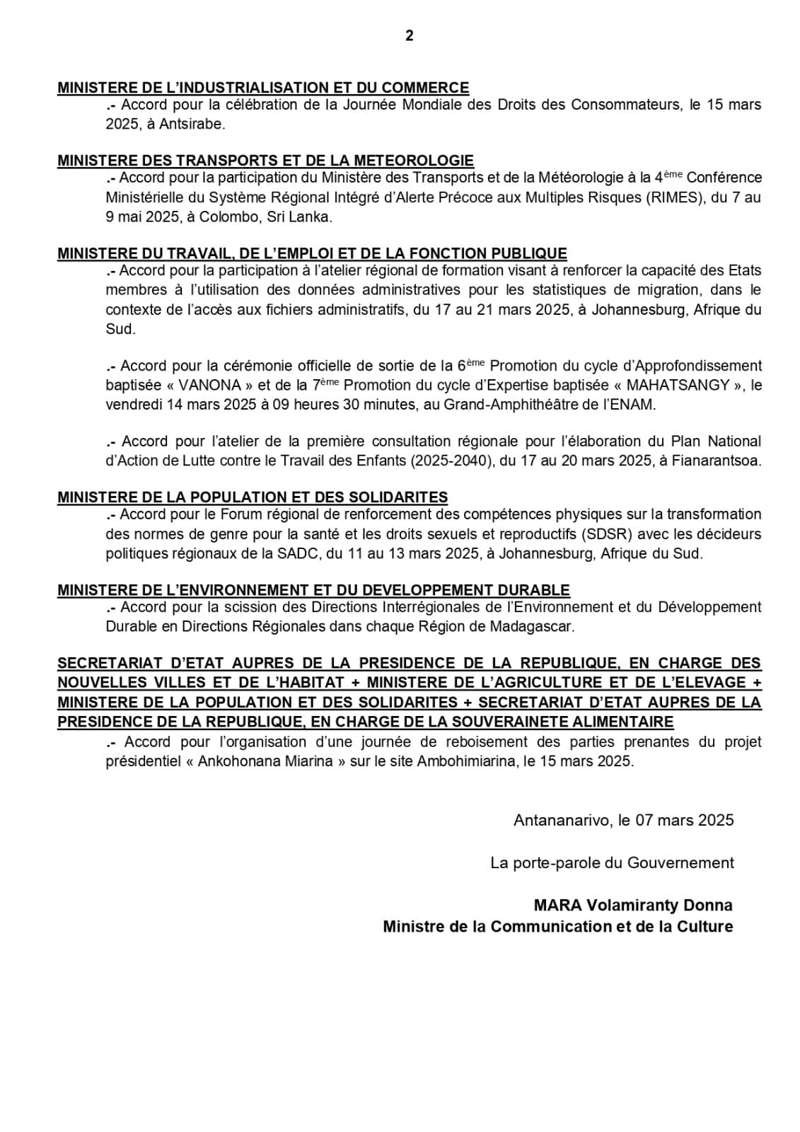 CONSEIL DU GOUVERNEMENT DU MARDI 04 MARS 2025 AU PALAIS D' ETAT DE MAHAZOARIVO