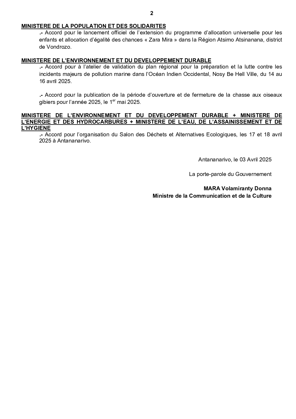 CONSEIL DU GOUVERNEMENT DU MARDI 01 AVRIL 2025