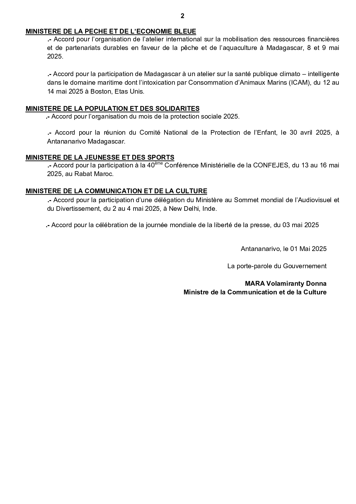 CONSEIL DU GOUVERNEMENT DU MARDI 29 AVRIL 2025