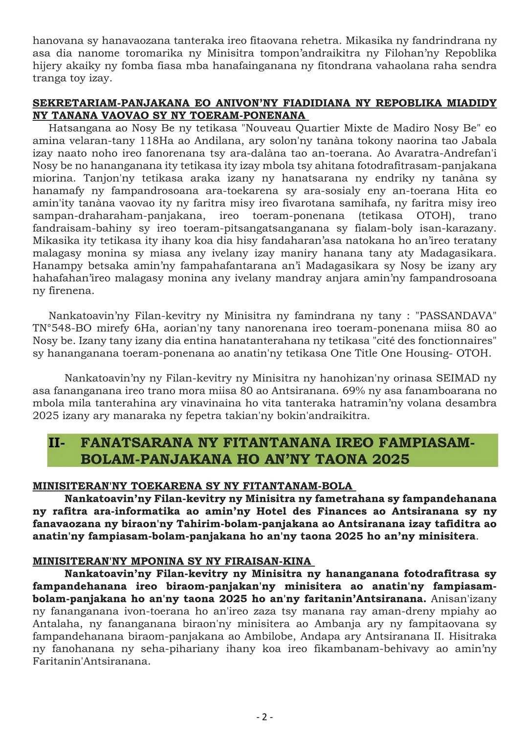 FILAN-KEVITRY NY MINISITRA ALAKAMISY 22 MAY 2025 - BANKY FOIBE NOSY BE