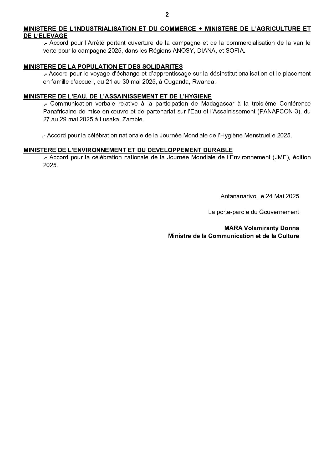CONSEIL DU GOUVERNEMENT DU MARDI 20 MAI 2025