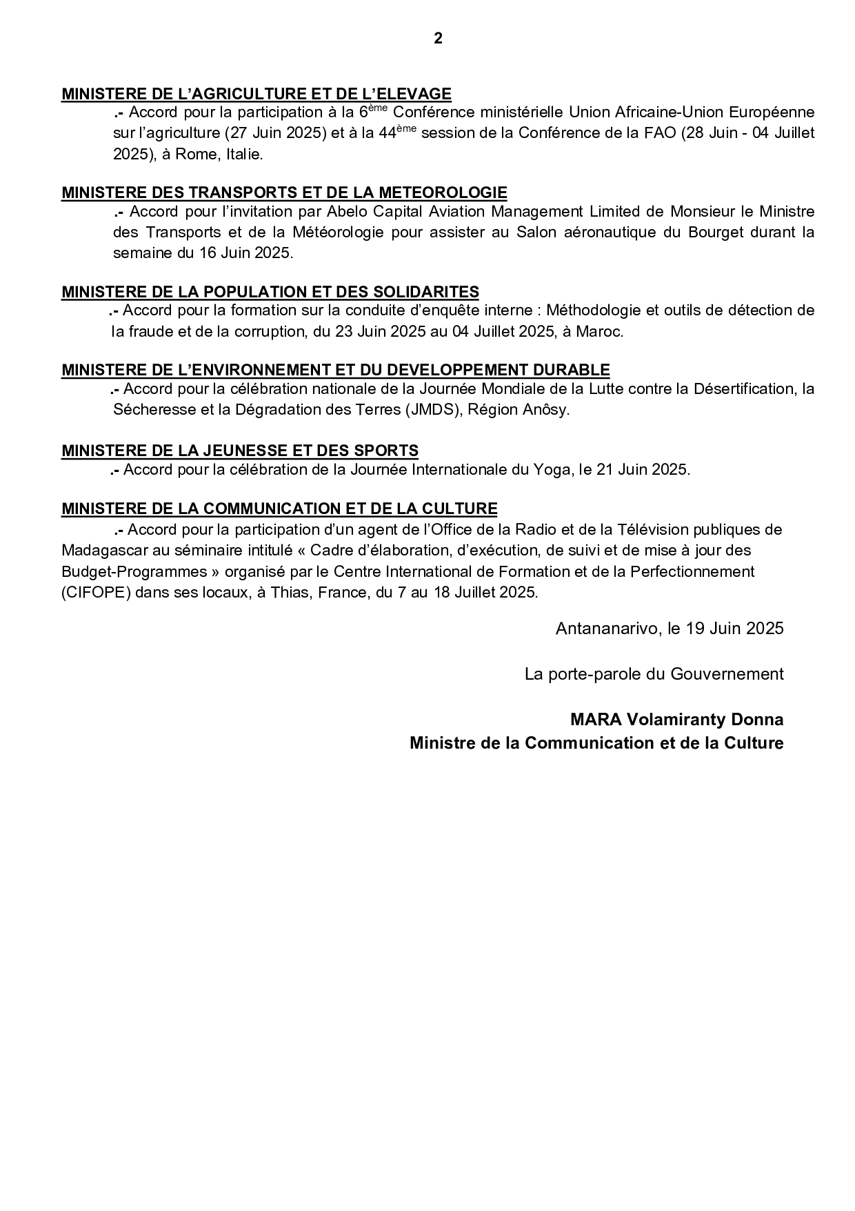 CONSEIL DU GOUVERNEMENT DU MARDI 17 JUIN 2025