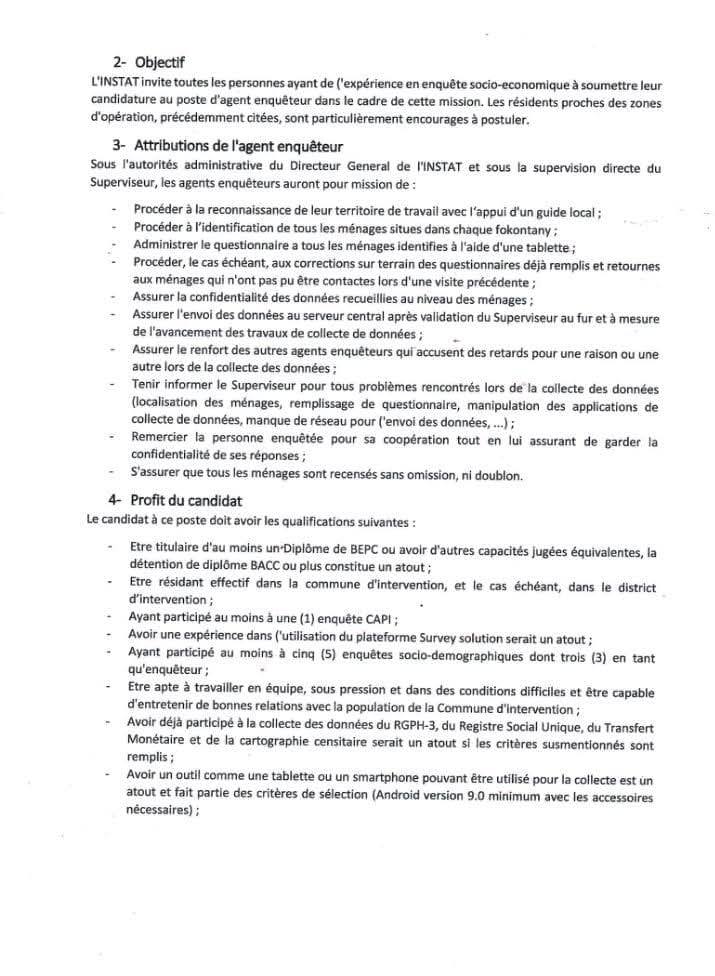 APPEL A CANDIDATURE POUR LE POSTE D'AGENT ENQUETEUR