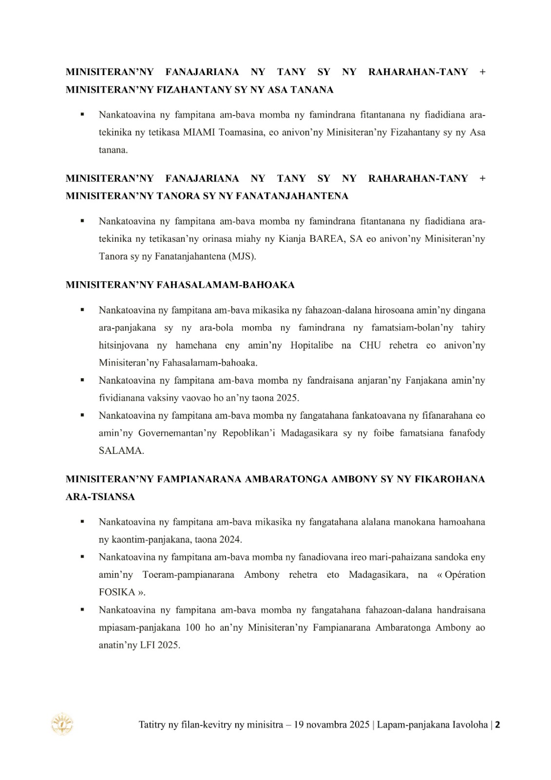 TATITRY NY FILANKEVITRY NY MINISTRA NATAO TAO AMIN'NY LAPAM-PANJAKANA IAVOLOHA NY 19 NOVAMBRA 2025