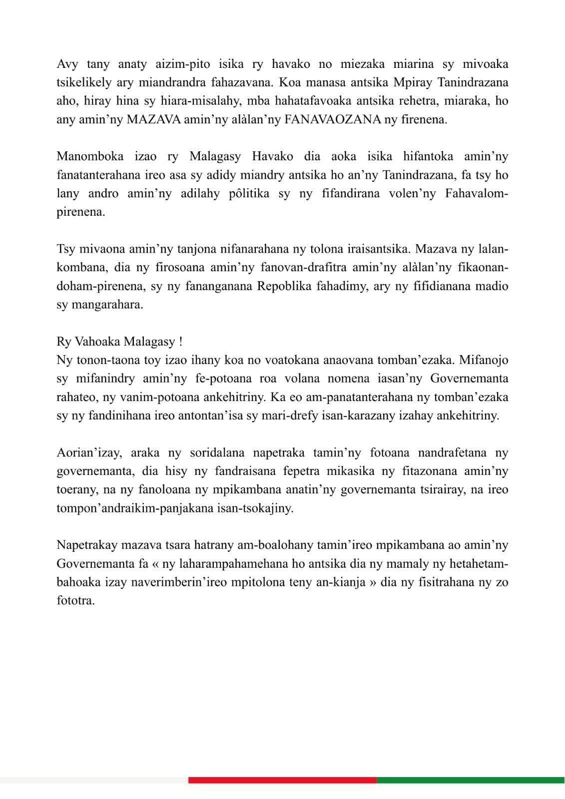 LAHATENIN'NY FILOHAN'NY FANAVAOZANA NY REPOBLIKAN’I MADAGASIKARA NY 31 Desambra 2025.
