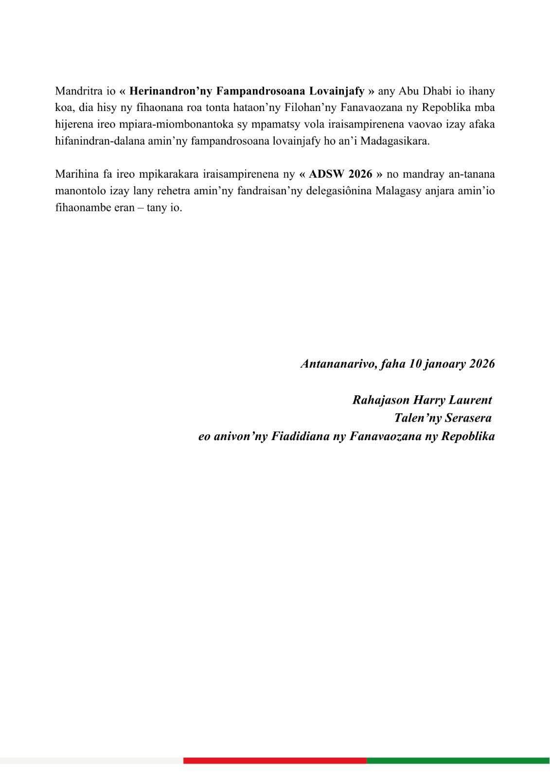 MANOME LANJA NY FIARAHA-MIASA IRAISAM-PIRENENA NY FILOHAN'NY FANAVAOZANA NY REPOBLIKA