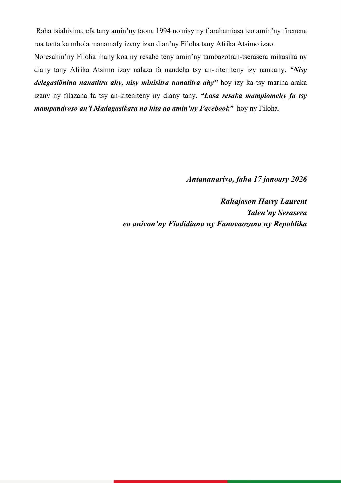 FOMBA FIASANAPETRAKY NY FILOHA NY NAMPAHAFANTATRA MIALOHA AN' NY VAHOAKA MALAGASY NY FIVOAHANY NAMITA IRAKA ANY IVELANY, SY MANAO TATITRA HO AN' NY VAHOAKA ISAKY NY TAFAVERINA AN-TANINDRAZANA