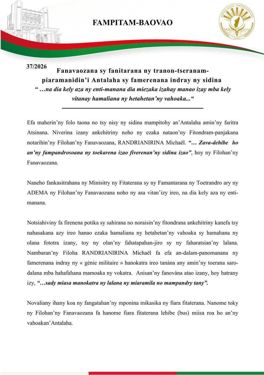 NAVERIN' NY KOLONELY RANDRIANIRINA MICHAEL NY SIDINA MAMPIFANDRAY AN' I ANTALAHA AMIN' NY FARITRA ATSINANANA REHEFA NIATO NANDRITRA NY 10 TAONA