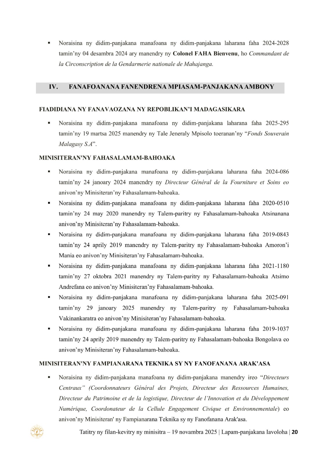 TATITRY NY FILANKEVITRY NY MINISTRA NATAO TAO AMIN'NY LAPAM-PANJAKANA IAVOLOHA NY 19 NOVAMBRA 2025