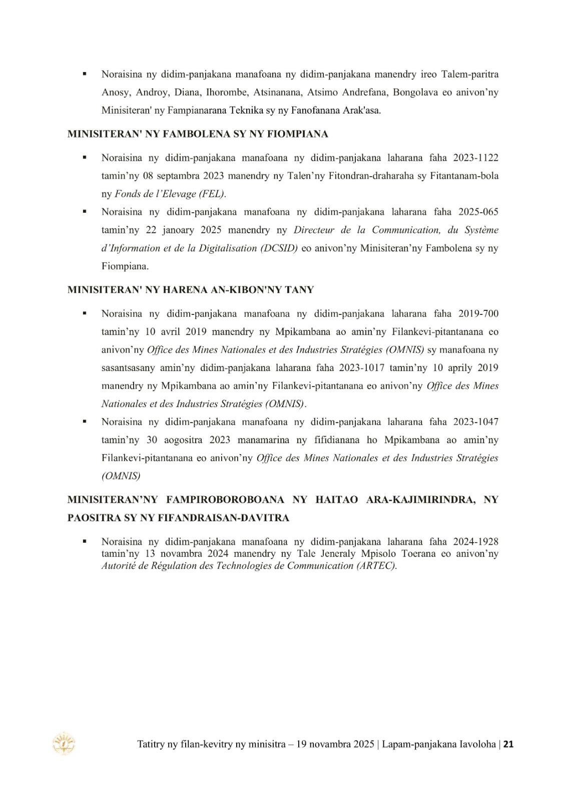 TATITRY NY FILANKEVITRY NY MINISTRA NATAO TAO AMIN'NY LAPAM-PANJAKANA IAVOLOHA NY 19 NOVAMBRA 2025