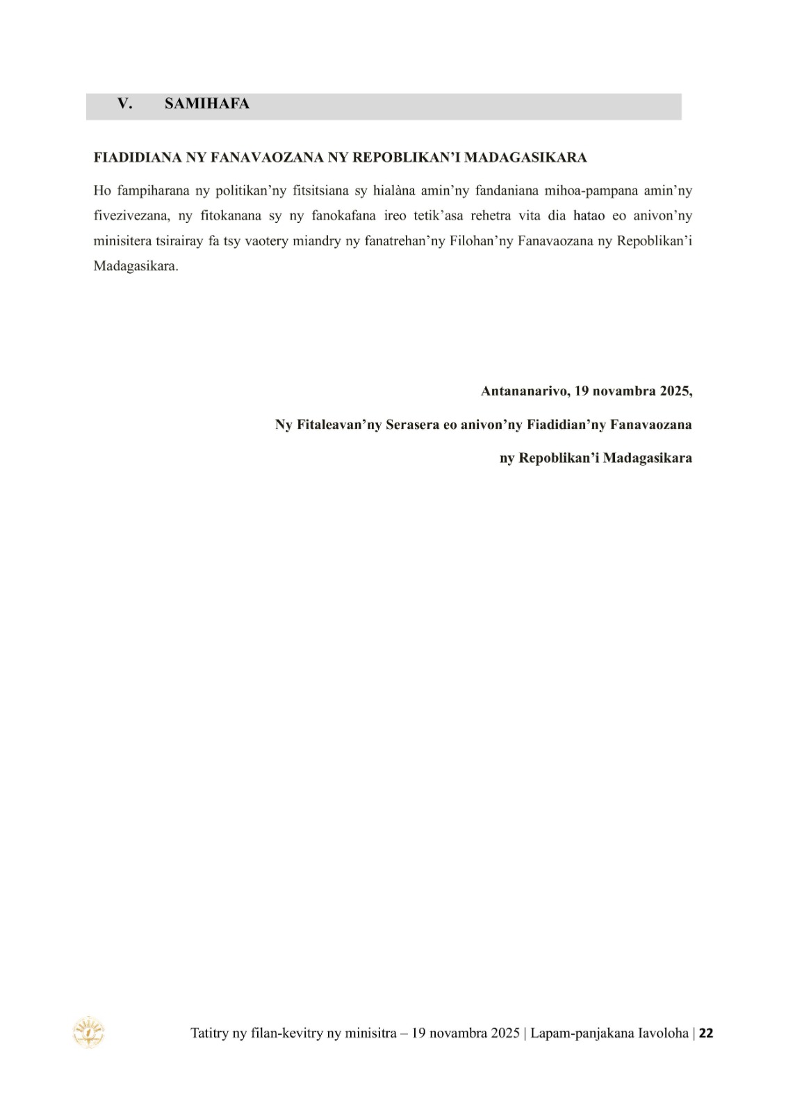 TATITRY NY FILANKEVITRY NY MINISTRA NATAO TAO AMIN'NY LAPAM-PANJAKANA IAVOLOHA NY 19 NOVAMBRA 2025