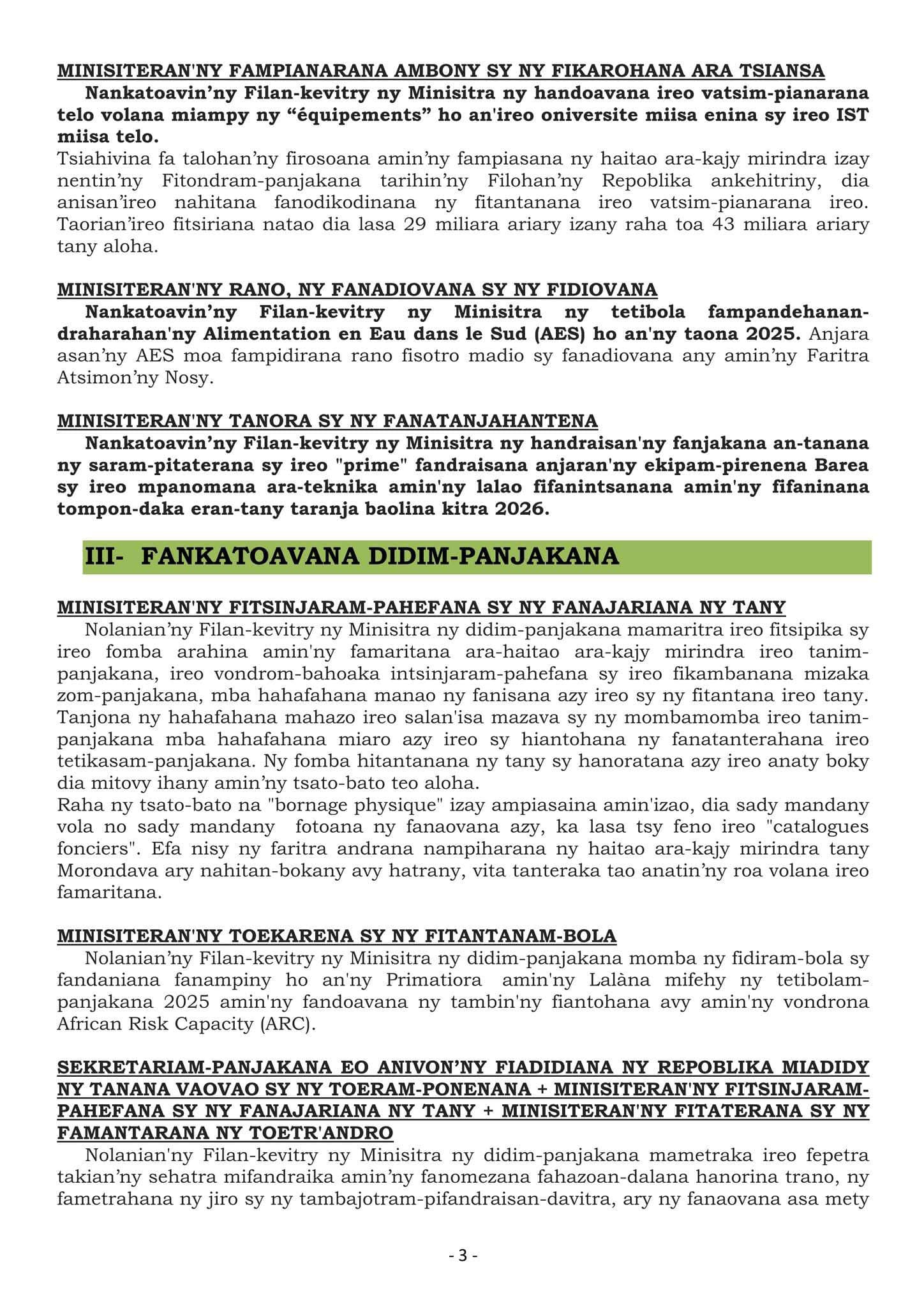 TATITRY NY FILAN-KEVITRY NY MINISITRA NY ALAROBIA 12 MARTSA 2025 TAO AMIN' NY LAPAM-PANJAKANA IAVOLOHA