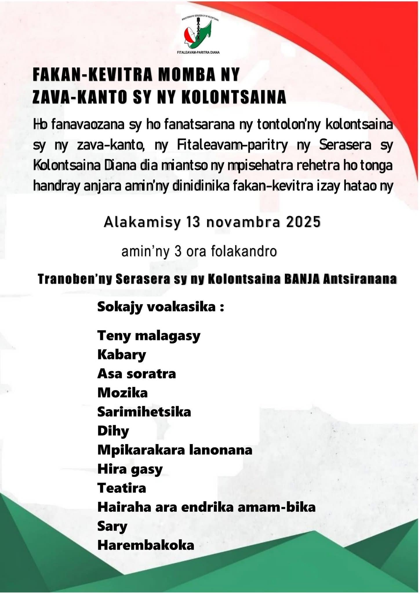 TANTERAHINA ISAM-PARITRA AMIN' ITY HERINANDRO ITY AVOKOA NY FAKAN-KEVITRA FANAVAOZANA NY TONTOLON' NY KOLONTSAINA, NY ZAVAKANTO, ARY NY FIKAJIANA HAREM-BAKOKA