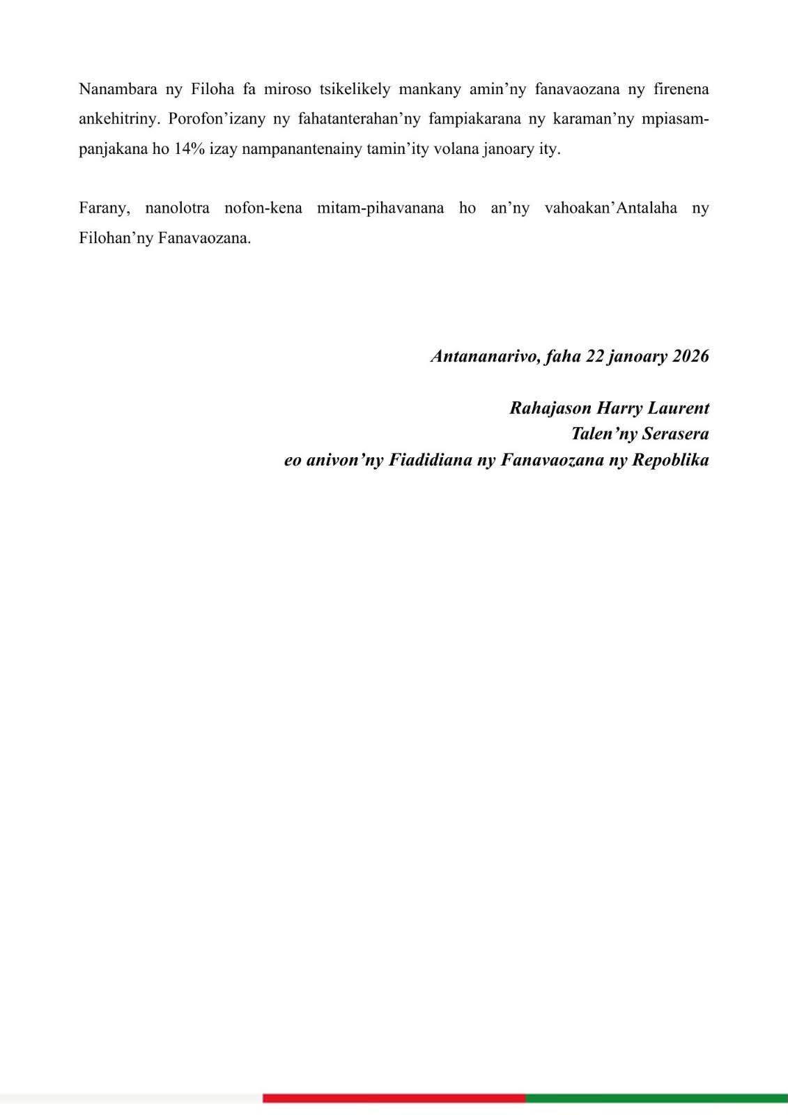 NAVERIN' NY KOLONELY RANDRIANIRINA MICHAEL NY SIDINA MAMPIFANDRAY AN' I ANTALAHA AMIN' NY FARITRA ATSINANANA REHEFA NIATO NANDRITRA NY 10 TAONA