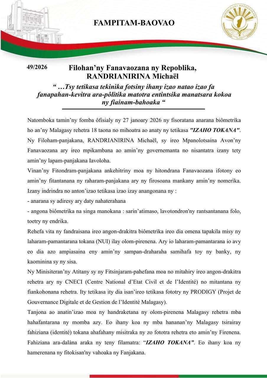 NISANTATRA NY FISORATANA ANARANA BIOMETRIKA NY FILOHAN' NY FANAVAOZANA NY REPOBLIKA SY IREO MPANOLOTSAINA AVO, IREO ANDRIMPANJAKANA, ARY NY GOVERNEMANTA