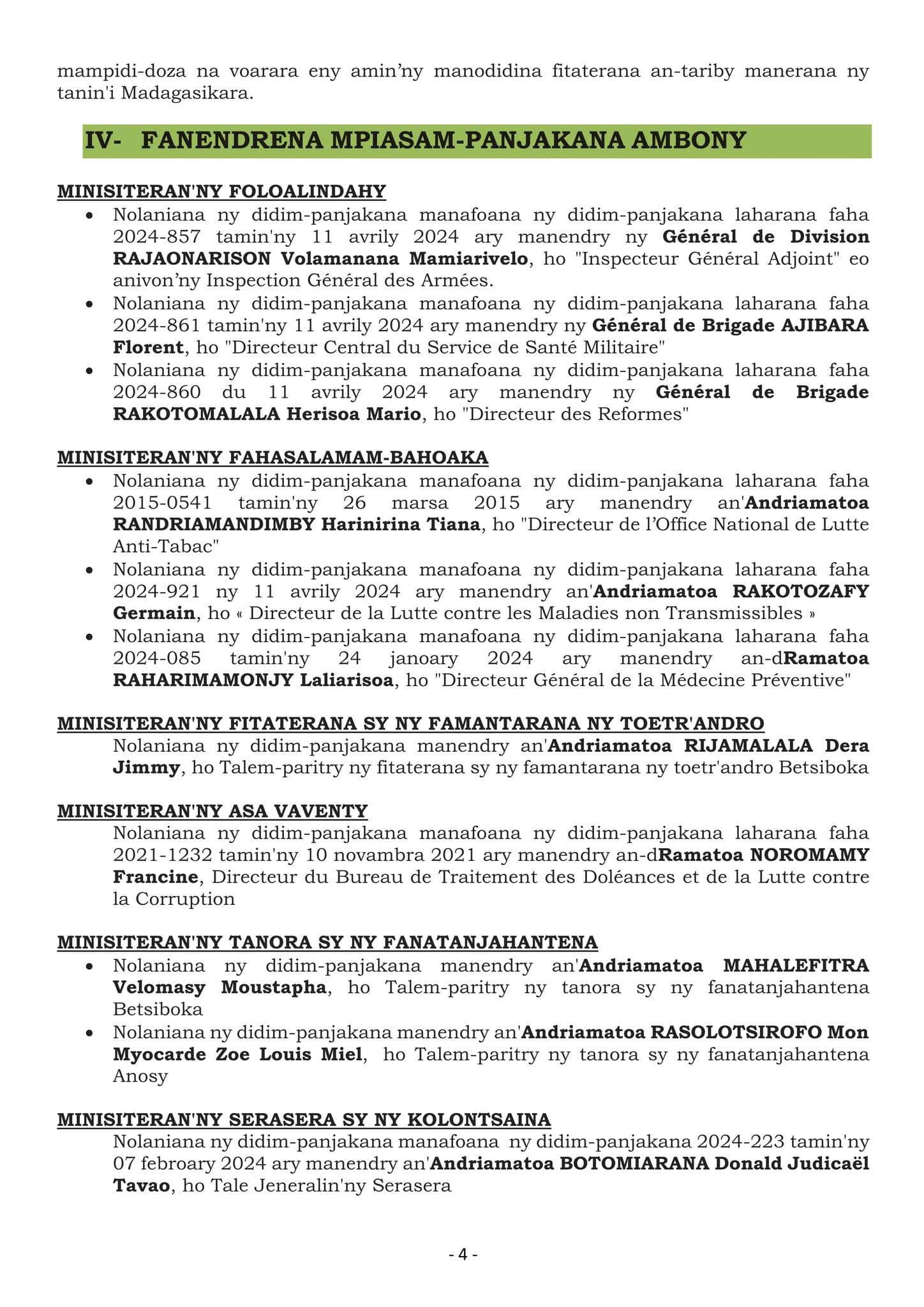 TATITRY NY FILAN-KEVITRY NY MINISITRA NY ALAROBIA 12 MARTSA 2025 TAO AMIN' NY LAPAM-PANJAKANA IAVOLOHA