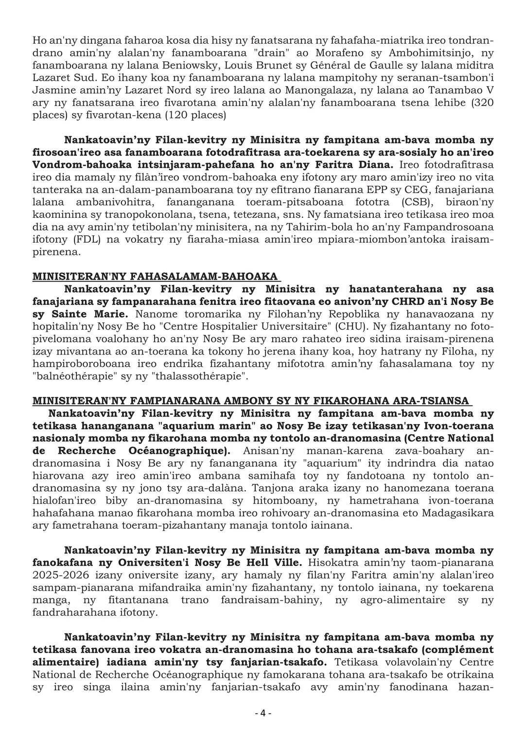 FILAN-KEVITRY NY MINISITRA ALAKAMISY 22 MAY 2025 - BANKY FOIBE NOSY BE