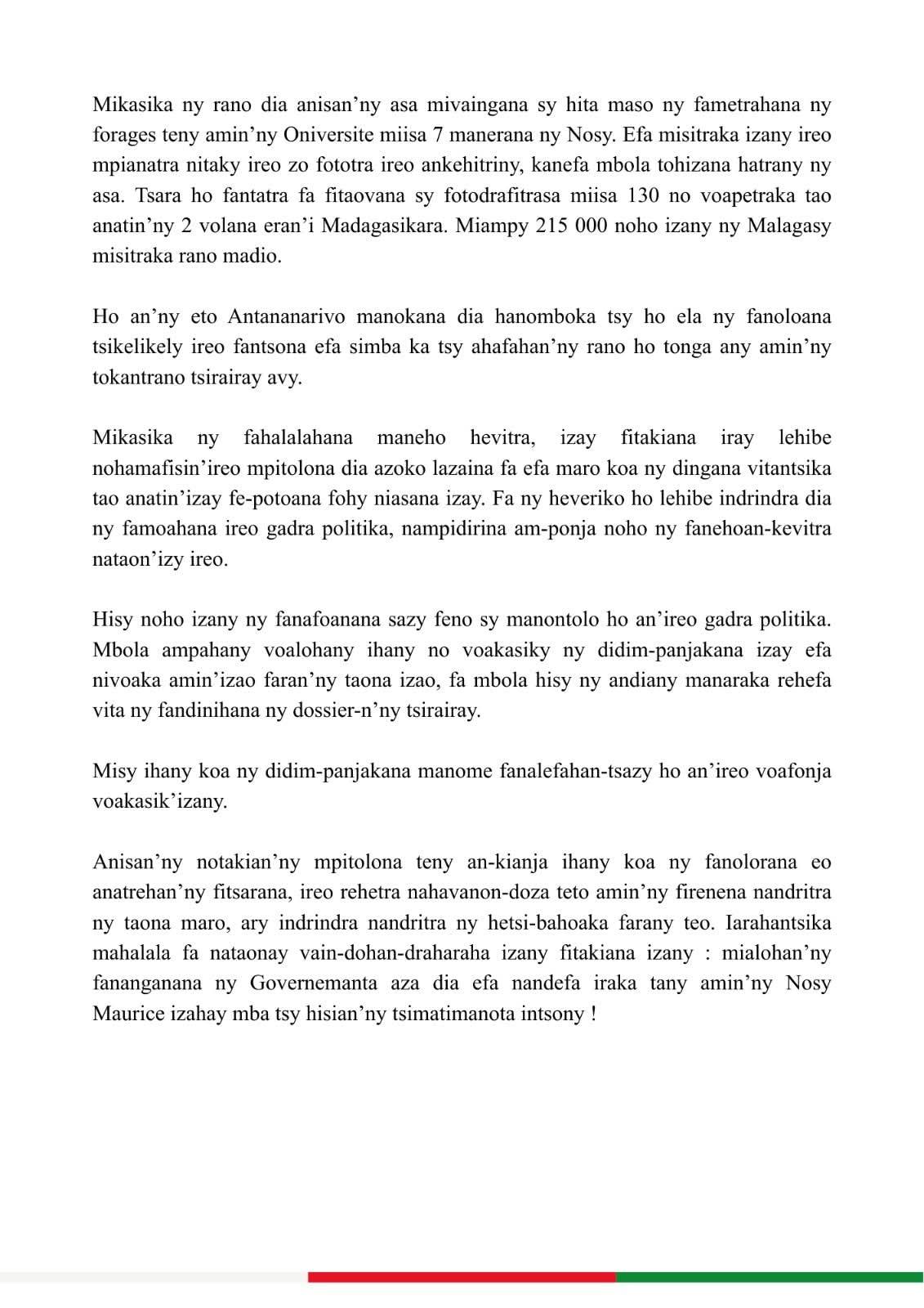LAHATENIN'NY FILOHAN'NY FANAVAOZANA NY REPOBLIKAN’I MADAGASIKARA NY 31 Desambra 2025.