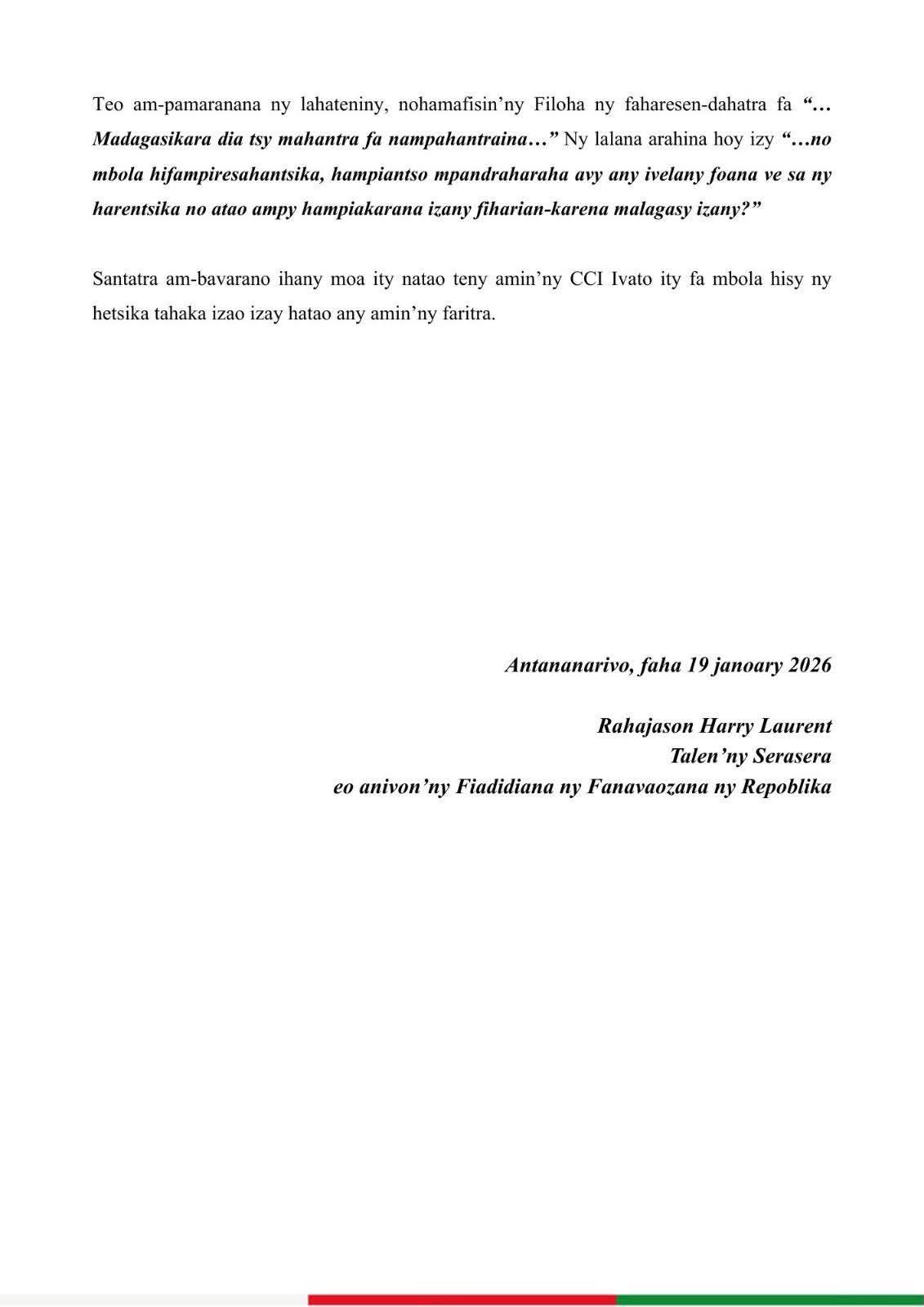 DINIKA FANAINGANA NY TOEKARENA / 19 JANOARY 2026