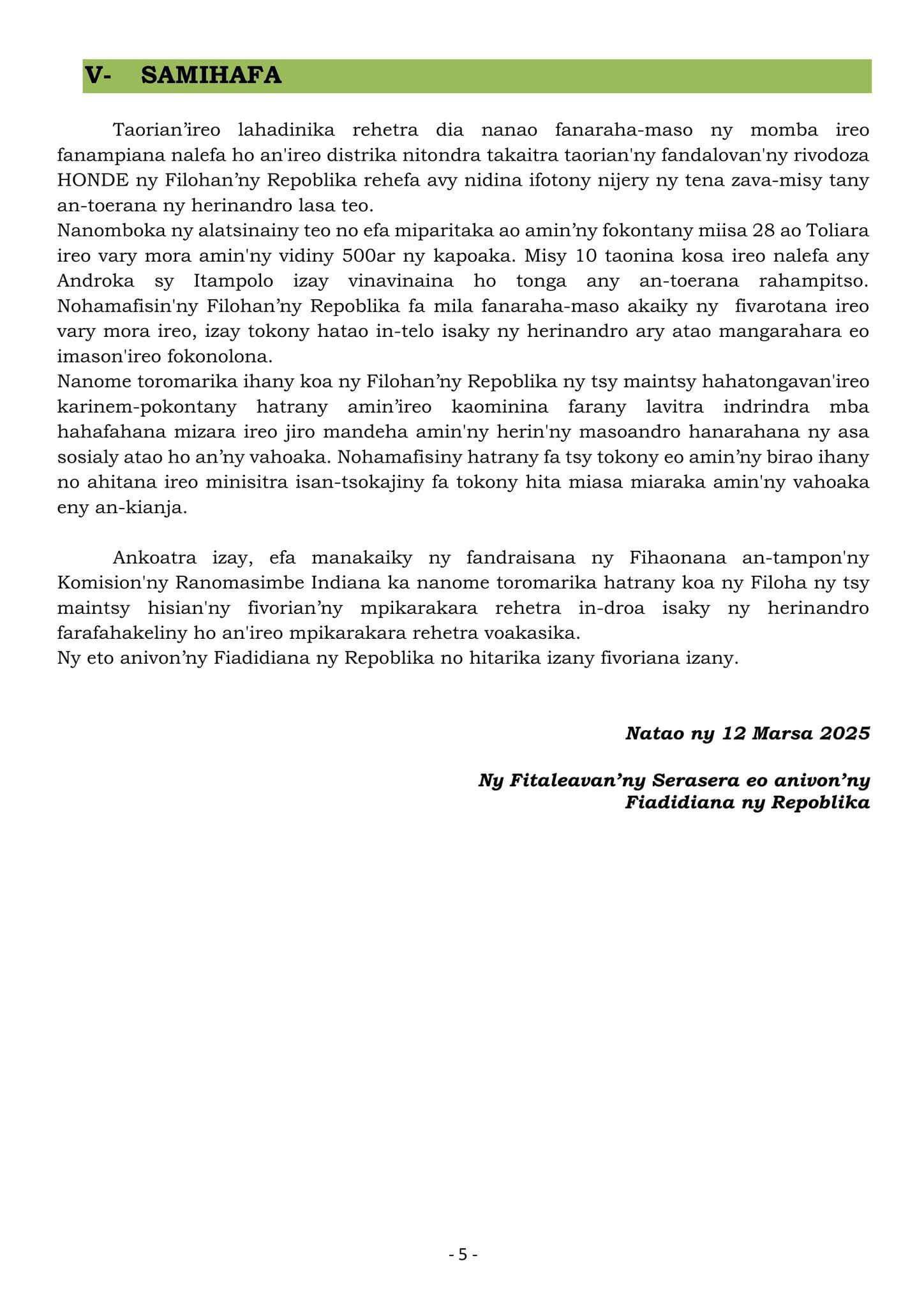 TATITRY NY FILAN-KEVITRY NY MINISITRA NY ALAROBIA 12 MARTSA 2025 TAO AMIN' NY LAPAM-PANJAKANA IAVOLOHA