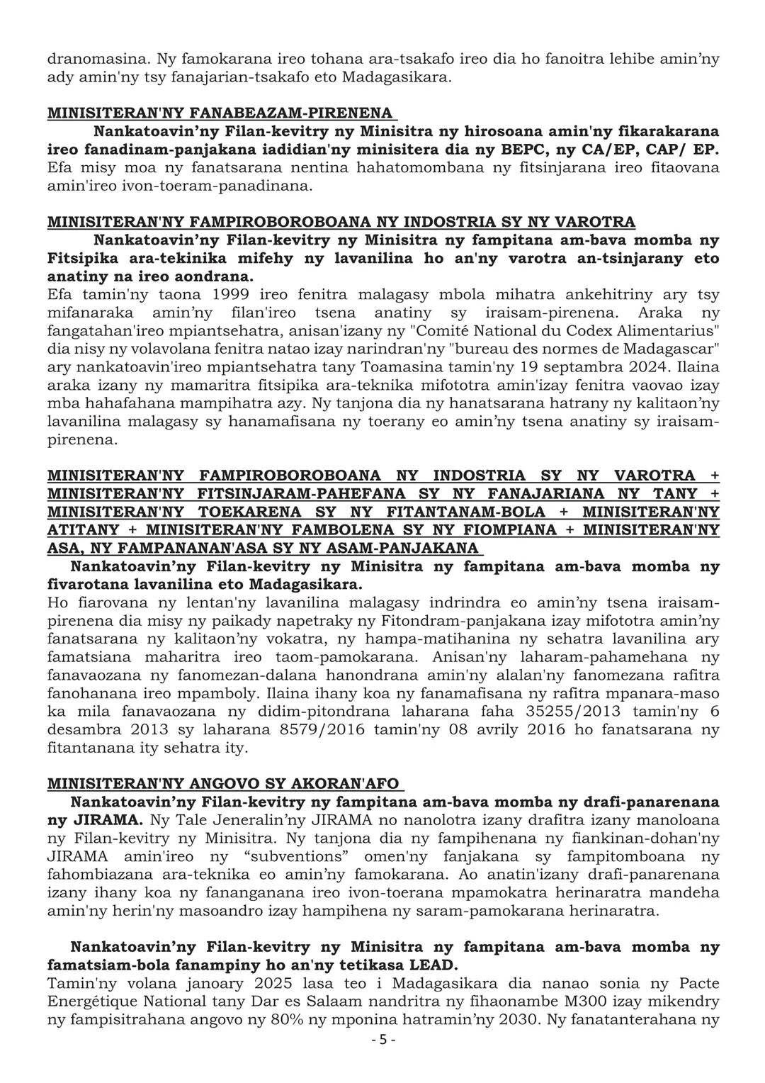 FILAN-KEVITRY NY MINISITRA ALAKAMISY 22 MAY 2025 - BANKY FOIBE NOSY BE