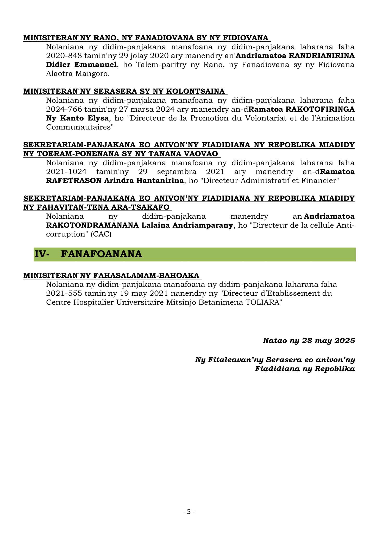 TATITRY NY FILANKEVITRY NY MINISITRA NY ALAROBIA 28 MAY 2025