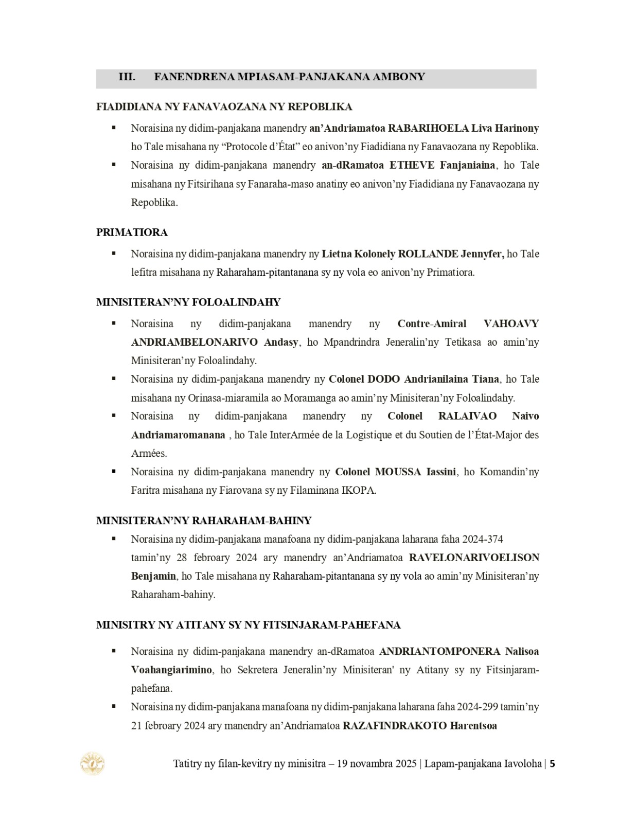 TATITRY NY FILANKEVITRY NY MINISTRA NATAO TAO AMIN'NY LAPAM-PANJAKANA IAVOLOHA NY 19 NOVAMBRA 2025