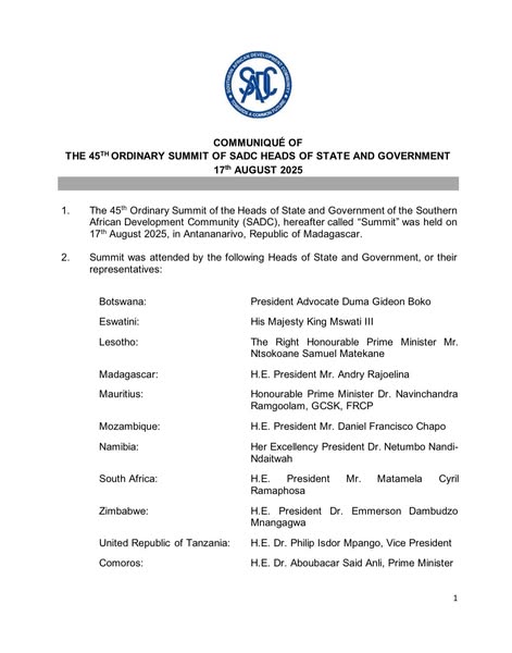 𝐂𝐎𝐌𝐌𝐔𝐍𝐈𝐐𝐔𝐄́ 𝐎𝐅 𝐓𝐇𝐄 𝟒𝟓𝐓𝐇 𝐎𝐑𝐃𝐈𝐍𝐀𝐑𝐘 𝐒𝐔𝐌𝐌𝐈𝐓 𝐎𝐅 𝐒𝐀𝐃𝐂 𝐇𝐄𝐀𝐃𝐒 𝐎𝐅 𝐒𝐓𝐀𝐓𝐄 𝐀𝐍𝐃 𝐆𝐎𝐕𝐄𝐑𝐍𝐌𝐄𝐍𝐓 𝟏𝟕𝐭𝐡 𝐀𝐔𝐆𝐔𝐒𝐓 𝟐𝟎𝟐𝟓