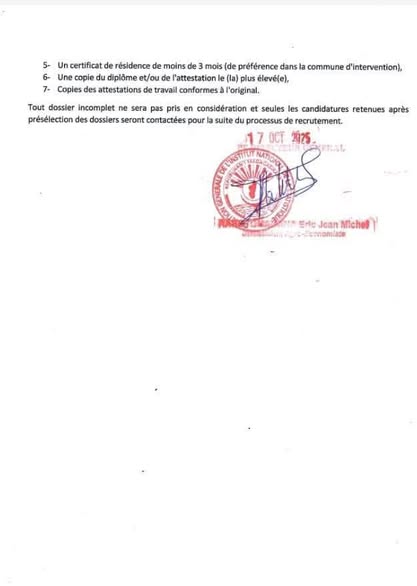 APPEL A CANDIDATURE POUR LE POSTE D'AGENT ENQUETEUR