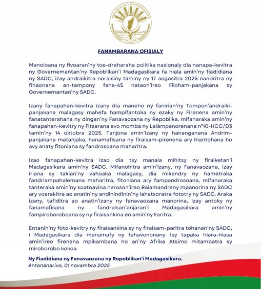 FANAMBARANA OFISIALY / COMMUNIQUE OFFICIEL