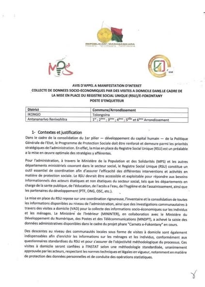 APPEL A CANDIDATURE POUR LE POSTE D'AGENT ENQUETEUR