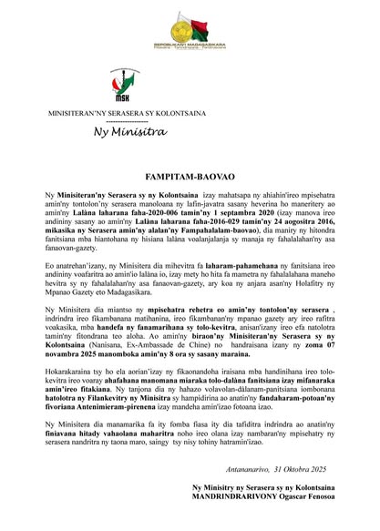NY 31.10.25 FAMPITAM-BAOVAO / COMMUNIQUE DE PRESSE