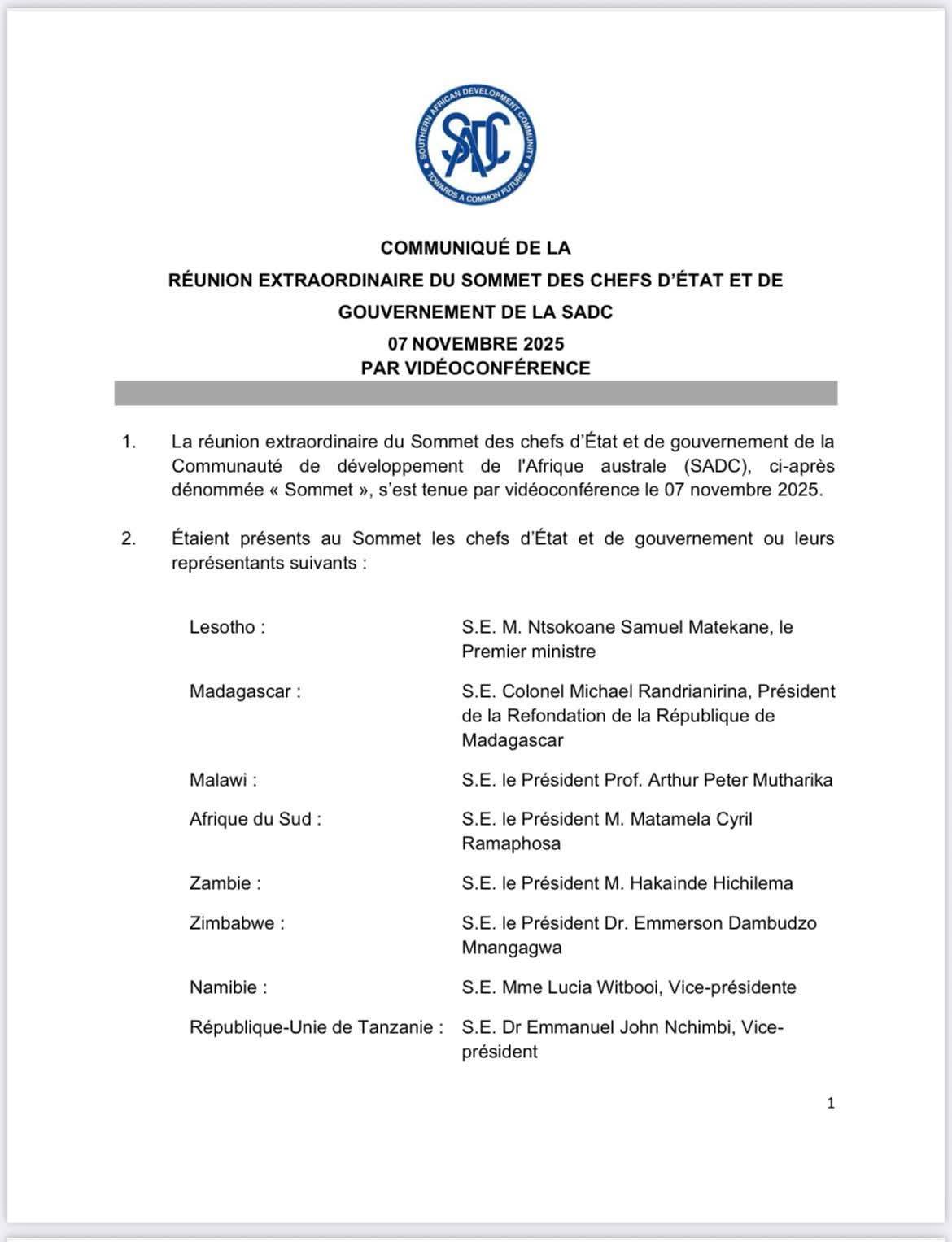 COMMUNIQUE DE LA REUNION EXTRAORDINAIRE SOMMET DES CHEFS D'ETAT ET DE GOUVERNEMENT DE LA SADC